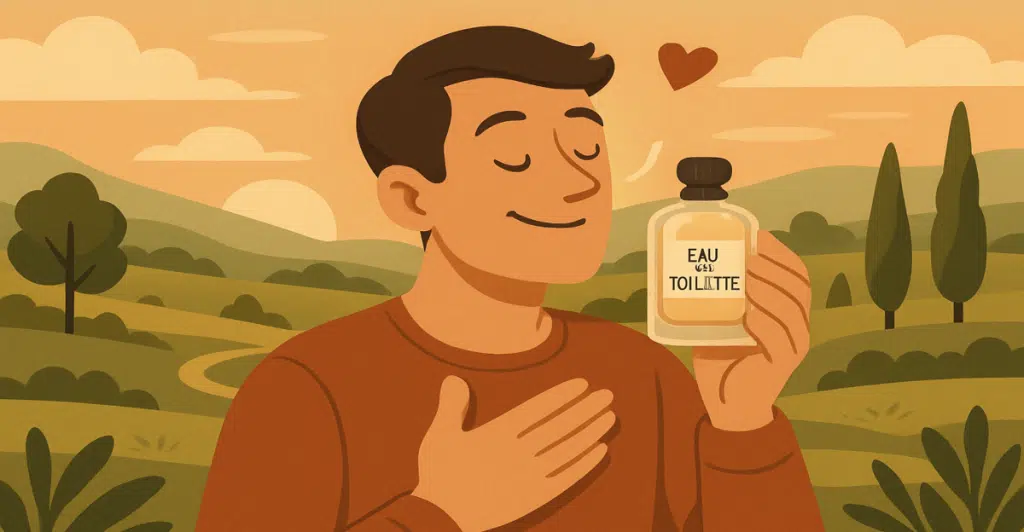 An illustration of a smiling man wearing an orange sweater, holding a bottle labeled "EAU DE TOILETTE" to his chest, with a heart icon above it, set in a sunny landscape.