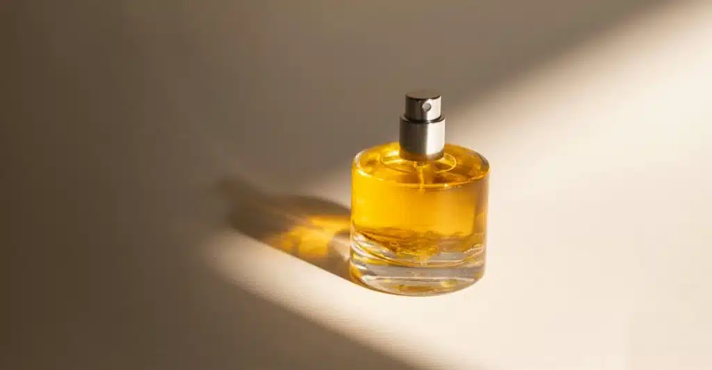 A single, clear glass perfume bottle with a silver sprayer and cap, containing amber-colored liquid, stands on a light surface with strong sunlight creating dramatic shadows.