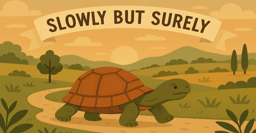 A cartoon illustration of a tortoise walking on a winding path through a green landscape with trees and mountains, under a banner that reads "SLOWLY BUT SURELY."