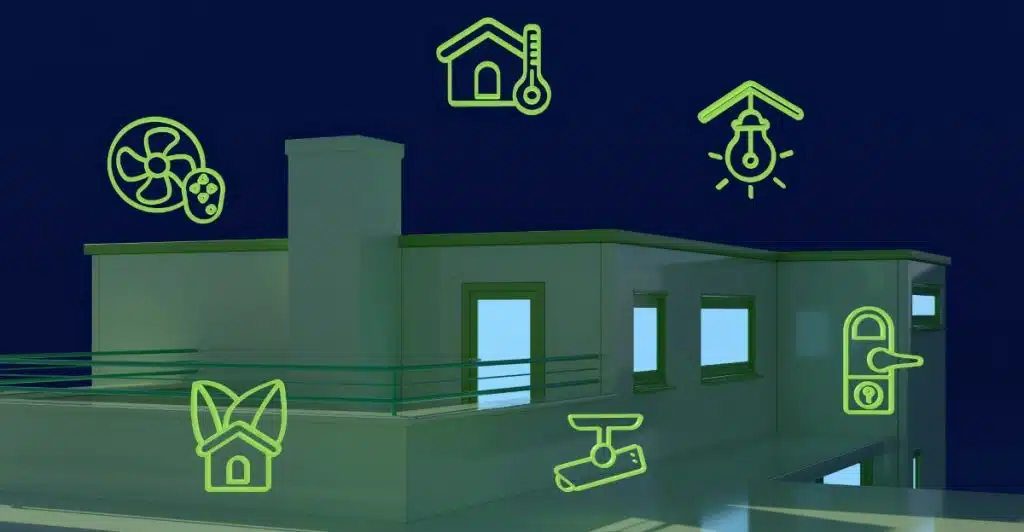 A stylized image of a building with glowing neon green outline icons representing smart home devices like a house, fan, lightbulb, lock, and security camera.