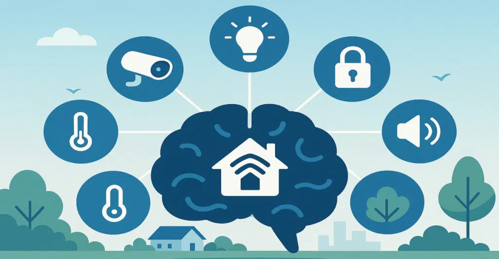 An illustration of a brain with a house icon inside, connected to various smart home icons including a security camera, lightbulb, lock, thermometer, and speaker.