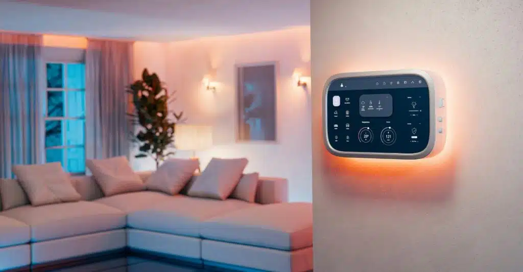 A modern living room with a smart lighting control panel on the wall, illuminating the room with an orange glow.