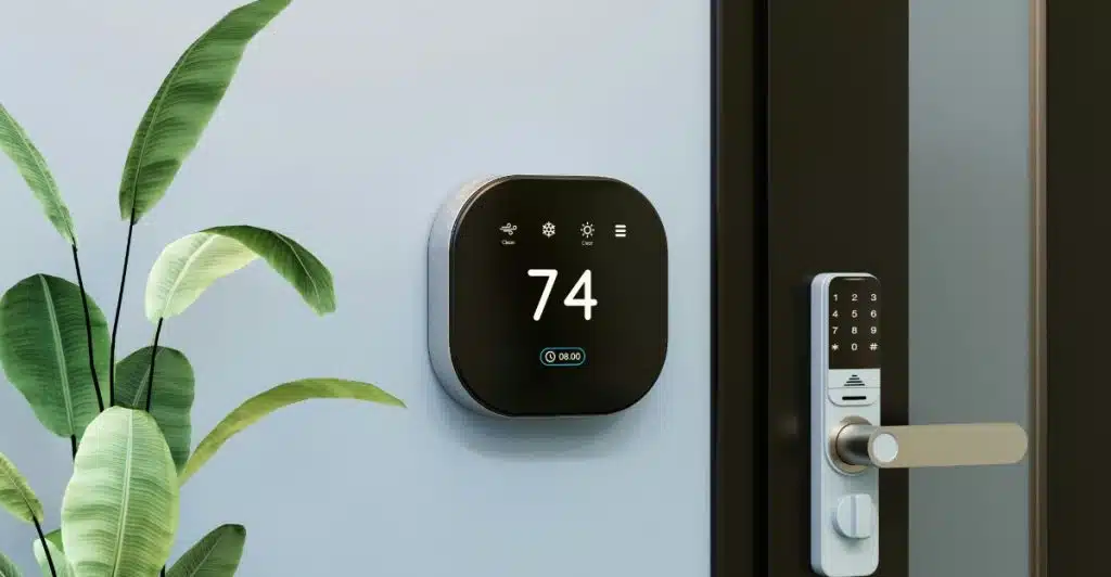 A smart thermostat displaying "74" on a wall next to a smart lock on a door.