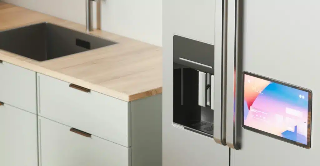 A modern kitchen scene featuring a smart refrigerator with a tablet-like screen on its door, displaying a music application.