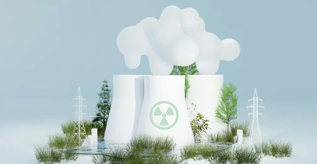 A nuclear power plant with white cooling towers emitting white smoke or steam, surrounded by green trees, bushes, and grass in a light blue environment.