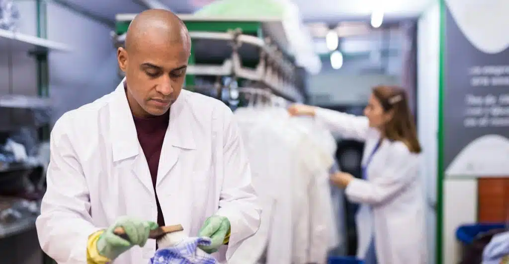 A man in a white lab coat and green gloves is cleaning a plaid shirt on a wooden table, with other clothes hanging in the background and a green bucket and cleaning supplies nearby.