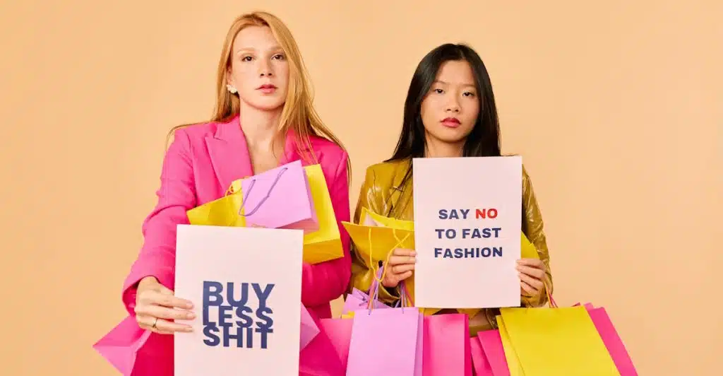 Two women, one with blonde hair holding a "BUY LESS SHIT" sign and the other with dark hair holding a "SAY NO TO FAST FASHION" sign, stand with multiple shopping bags around them.