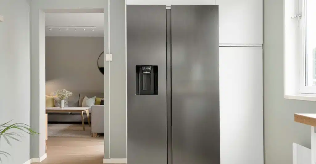A large stainless steel smart refrigerator with an ice and water dispenser in a light-colored room.