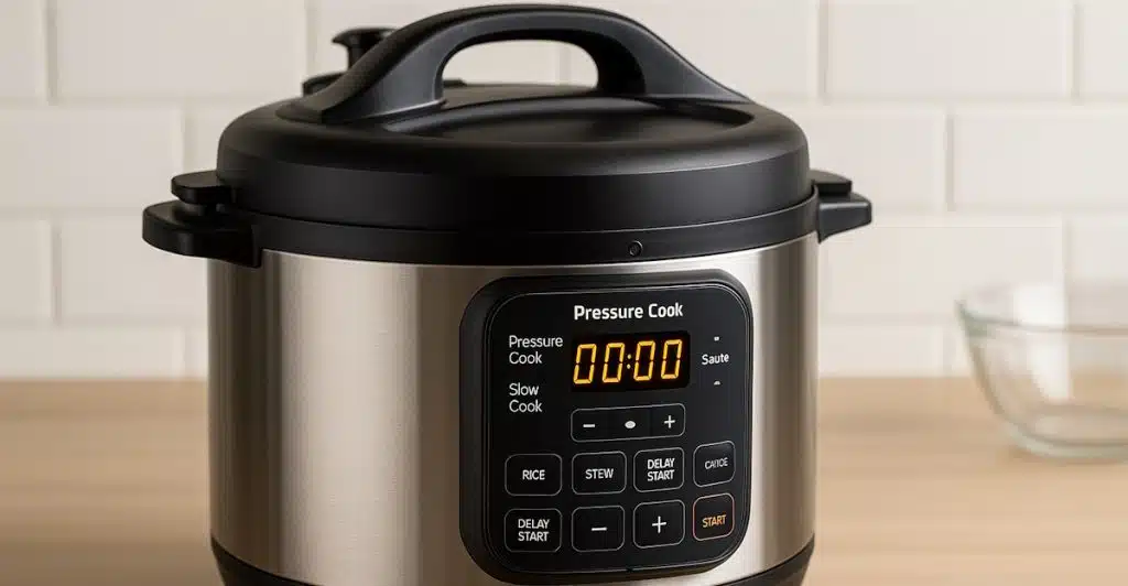 A silver and black multi-cooker with a digital display showing "00:00".