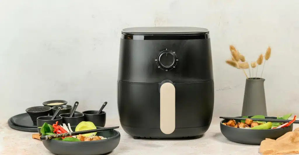 A black air fryer on a light-colored surface with bowls of food around it.