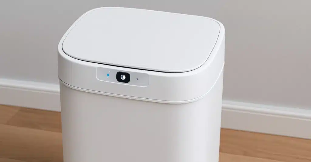 A white rectangular smart trash can with a sensor on top.
