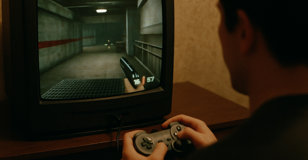 A man playing GoldenEye 007 on a television with a Nintendo 64 controller.