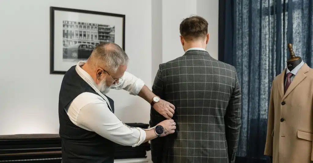 A tailor making adjustments to the sleeve of a man's plaid suit jacket.