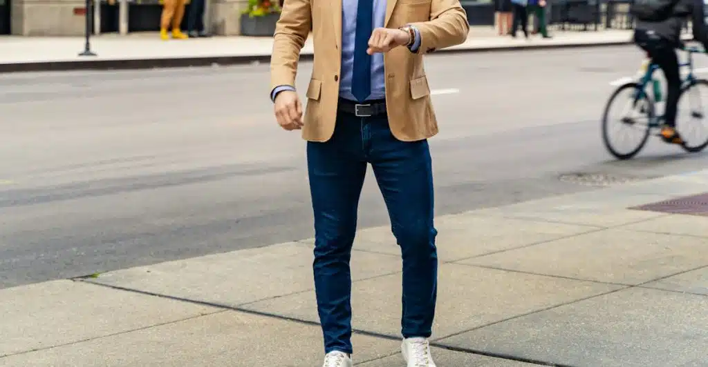 A man in a tan blazer, blue shirt, and dark blue jeans with white sneakers standing on a sidewalk.