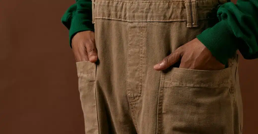 A person wearing brown overalls and a green long-sleeved shirt with hands in the pockets