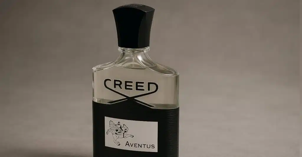 A Creed Aventus fragrance bottle with a black label and black cap.