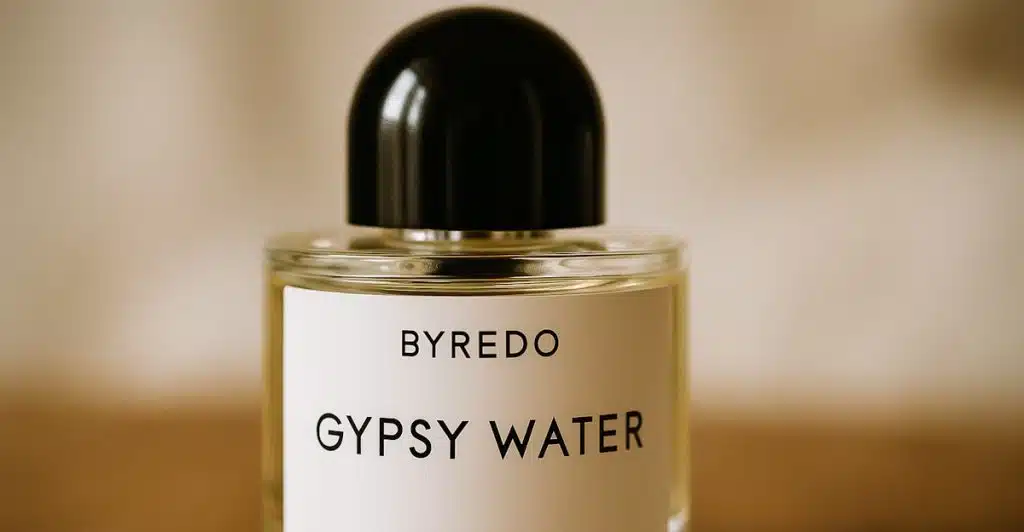 A Byredo Gypsy Water fragrance bottle with a white label and black cap.