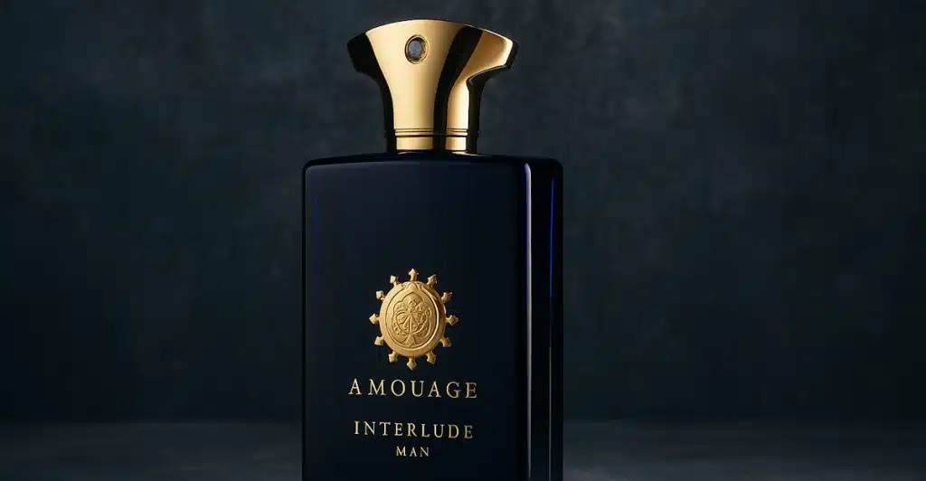 An Amouage Interlude Man fragrance bottle with a gold emblem and cap.