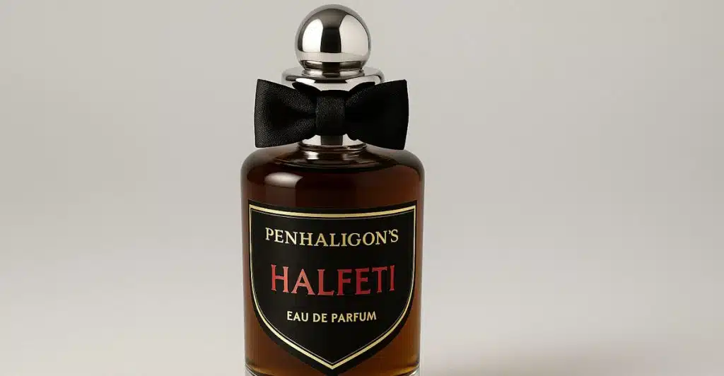 A Penhaligon's Halfeti fragrance bottle with a black bow and a silver cap.
