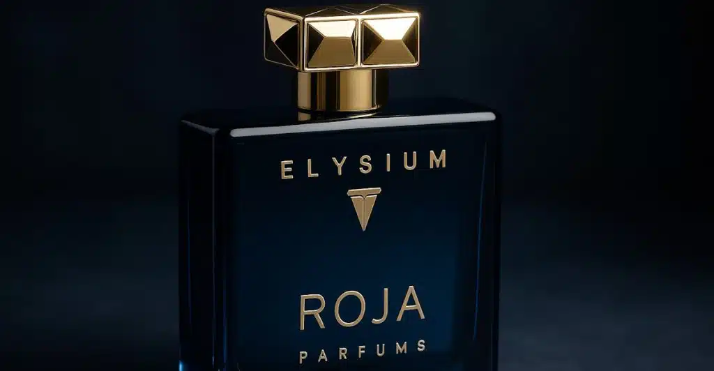 A Roja Parfums Elysium fragrance bottle with a gold cap and gold lettering.