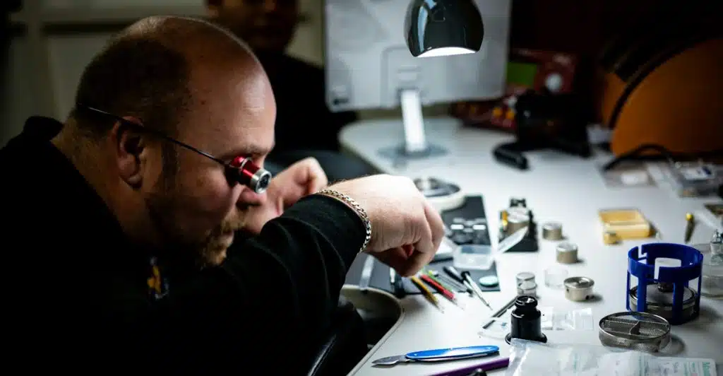 A man wearing an eyewear loupe, intently working on a watch at a workbench filled with tools and watch components.