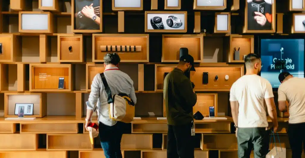 Several people Browse and looking at displays of watches and other electronic devices in a modern store environment.