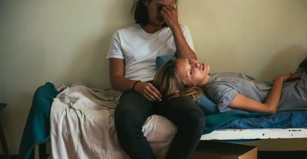 Two persons sitting close together, with one woman resting her head on the other's lap, creating a sense of intimacy and comfort.