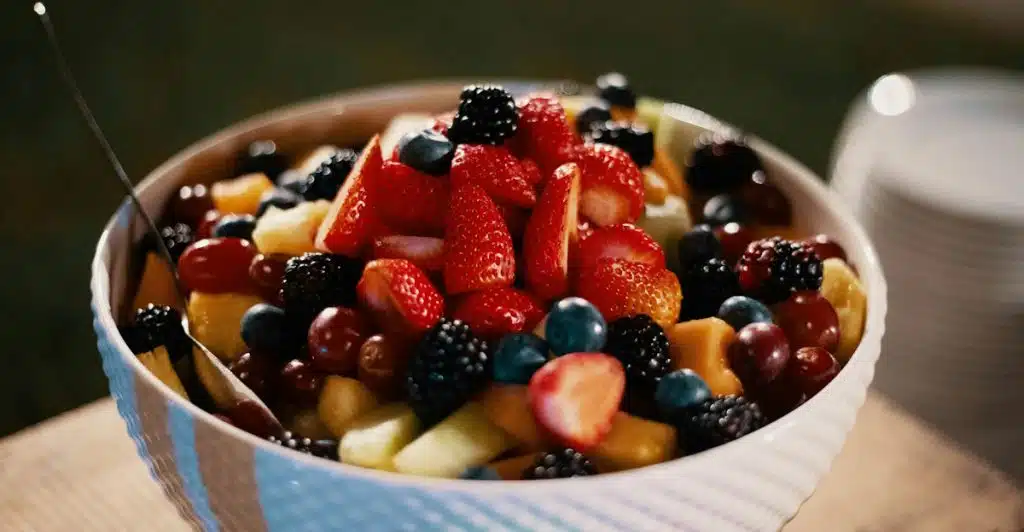 A white patterned bowl filled with a colorful mix of fresh fruit, including strawberries, blueberries, blackberries, and pineapple, with a spoon resting inside.