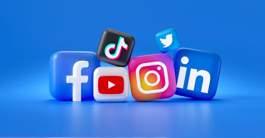 3D rendered logos of popular social media applications including Facebook, TikTok, YouTube, Instagram, Twitter, and LinkedIn, against a blue background