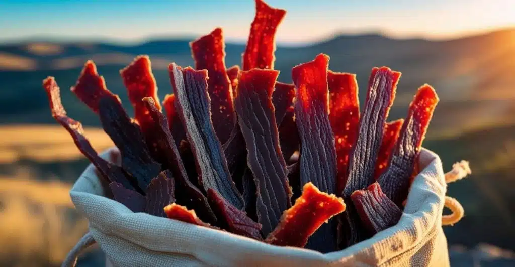 A rustic canvas bag is filled with numerous strips of reddish-brown beef jerky, silhouetted against a warm, sunlit landscape with a blurred background of hills.