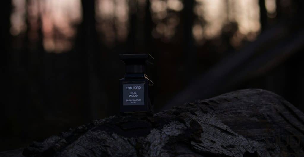 A Tom Ford Oud Wood fragrance bottle on a tree trunk in a forest setting.