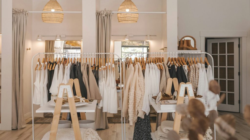 A clothing store with beige clothes