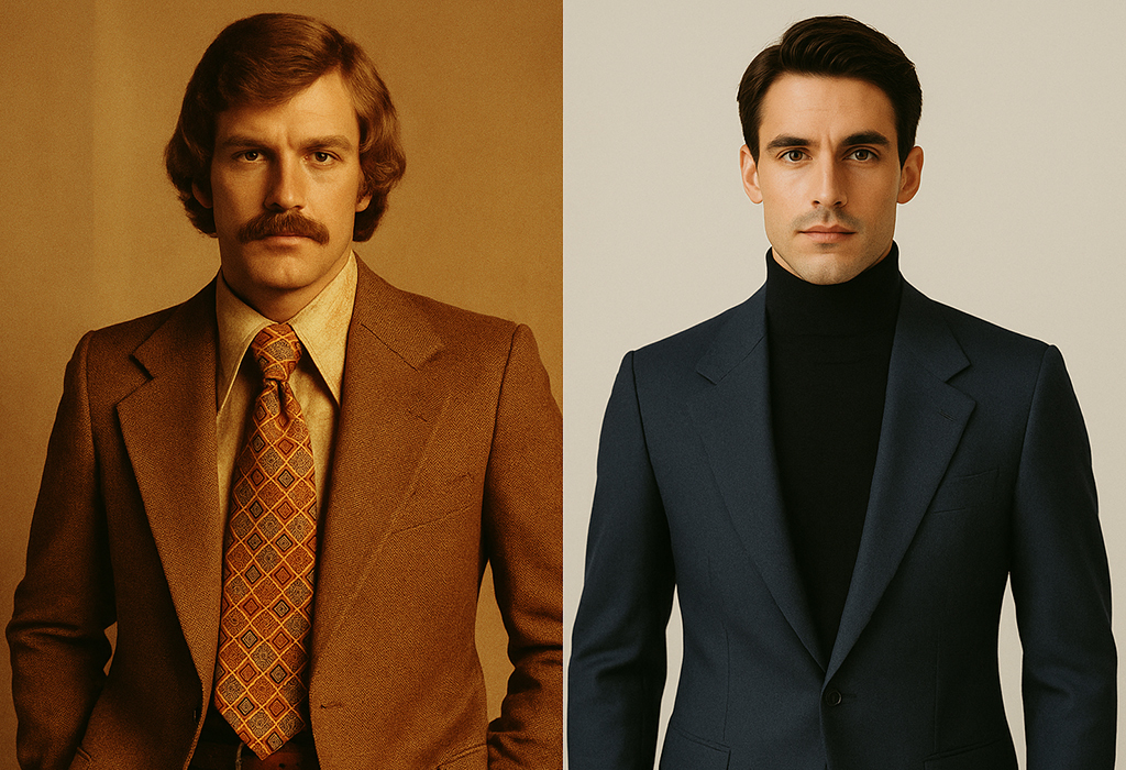 Side-by-side comparison of a vintage 1970s man in a brown wide-lapel blazer with patterned tie and a modern man in a navy blazer with a black turtleneck against a clean background