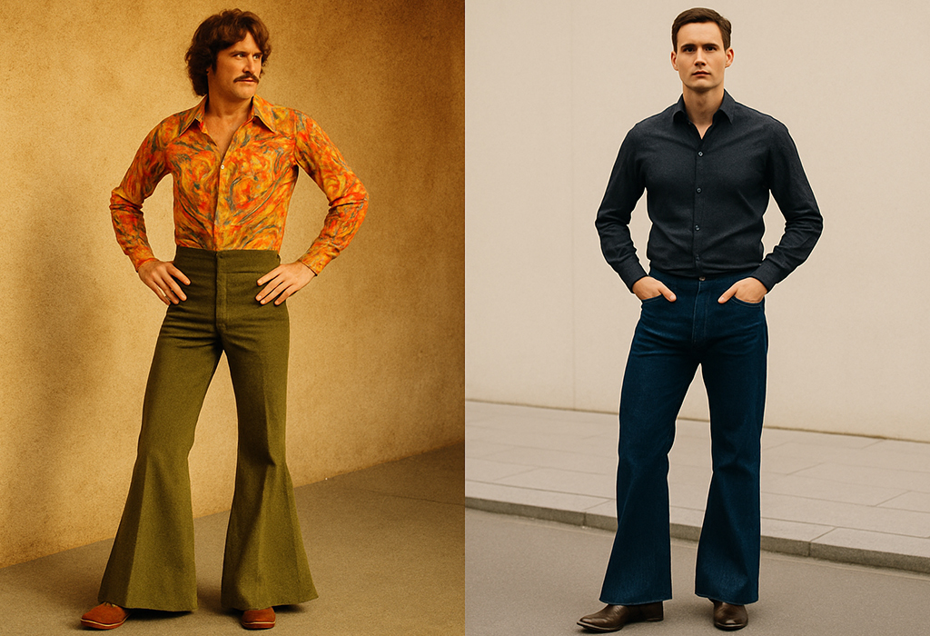 Split-image showing a 1970s man in bold bell-bottoms and a colorful shirt beside a modern man in flared dark jeans and a fitted shirt against a minimalist background