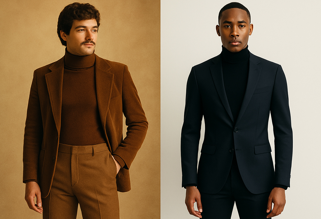 Split-image showing a 1970s man in a brown turtleneck and corduroy blazer with flared trousers on the left, and a modern man in a slim black turtleneck and tailored dark blazer on the right, highlighting retro versus contemporary turtleneck styling