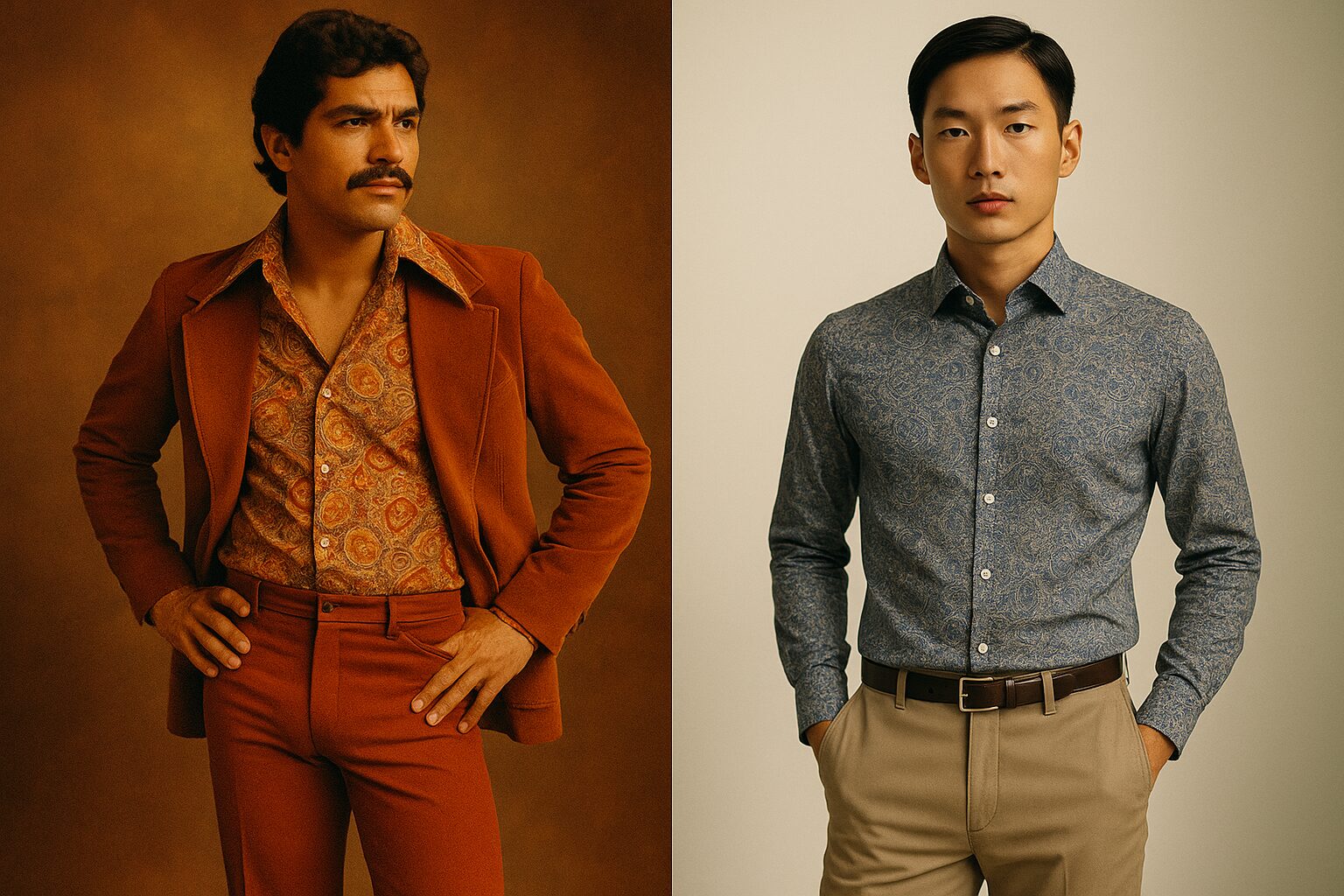 Split-image showing a Latino man on the left in a bold 1970s paisley shirt with flared pants and rust blazer, and an Asian man on the right in a modern slim-fit blue paisley shirt tucked into beige trousers