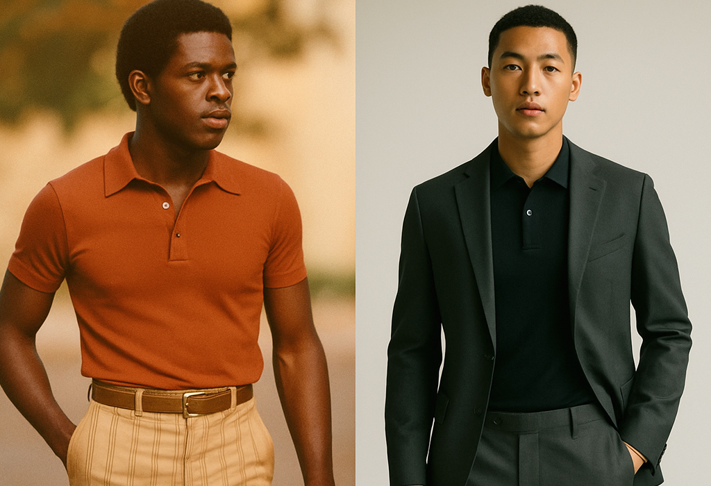 Split-image showing a Black man on the left in a fitted burnt-orange 1970s polo shirt and high-waisted striped trousers, and an Asian man on the right in a modern black polo layered under a dark blazer and tailored trousers.