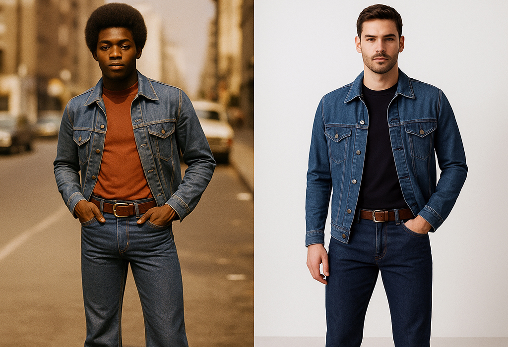 Split-image of a 1970s Black man and a modern man both wearing denim jackets and jeans