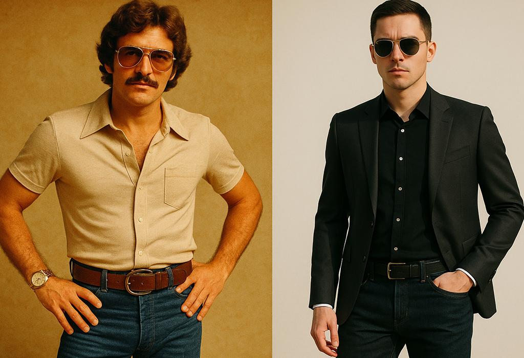 Split-image showing a 1970s man with aviator sunglasses, open-collar shirt, wide belt, and watch on the left, and a modern man in a suit with aviator sunglasses and a simple belt on the right