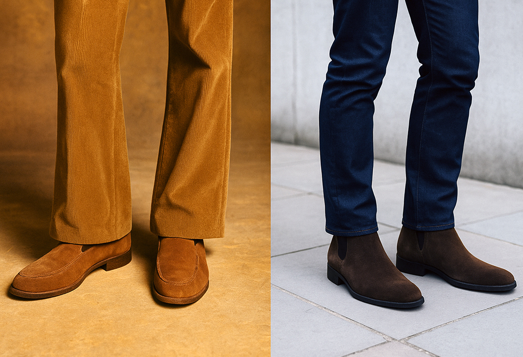 Split-image showing vintage suede loafers with flared corduroy trousers on the left and modern brown suede Chelsea boots with dark jeans on the right