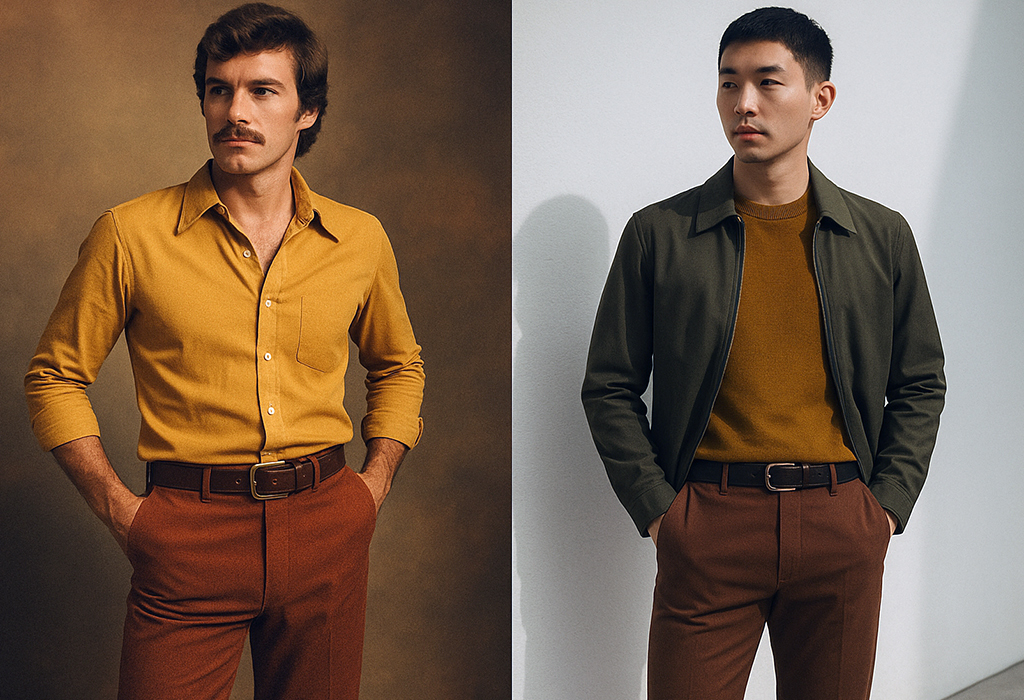 Split-image showing a 1970s man in a mustard shirt and rust trousers on the left, and a modern Asian man in an olive jacket, mustard sweater, and rust pants on the right