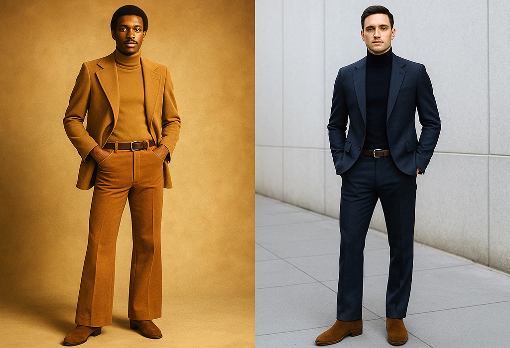 Split-image showing a Black man in a 1970s wide-lapel blazer, turtleneck, flared trousers, and suede boots on the left, and a modern man in a dark blazer, turtleneck, slim-fit trousers, and suede Chelsea boots on the right