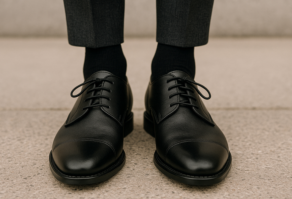 Black dress shoes with dark socks and suit