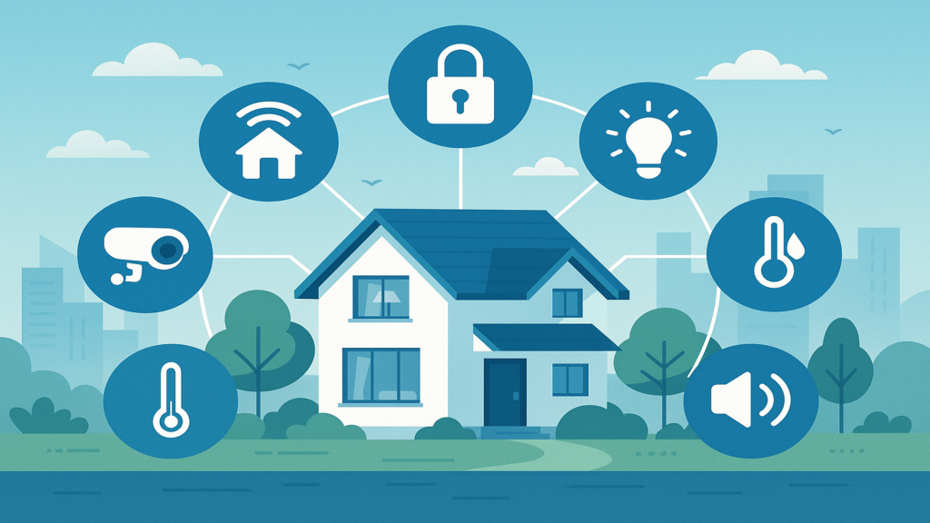 An illustration of a house surrounded by various smart home icons such as Wi-Fi, security camera, lightbulb, lock, thermometer, and speaker.