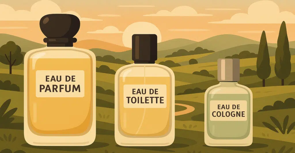 An illustration of three different fragrance concentrations—Eau de Parfum, Eau de Toilette, and Eau de Cologne—set against a serene landscape with rolling hills and trees.