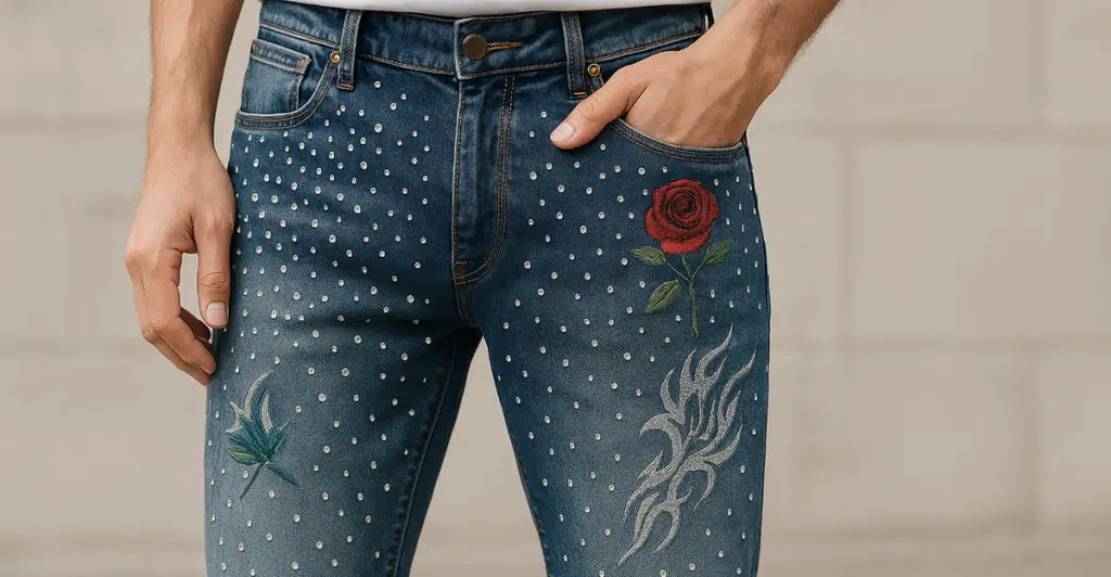 A person wearing blue jeans with scattered white dots, a red rose, and a tribal design embroidered on them.