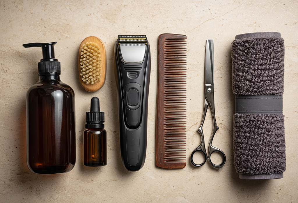 Beard grooming essentials including trimmer, comb, oil, and scissors.