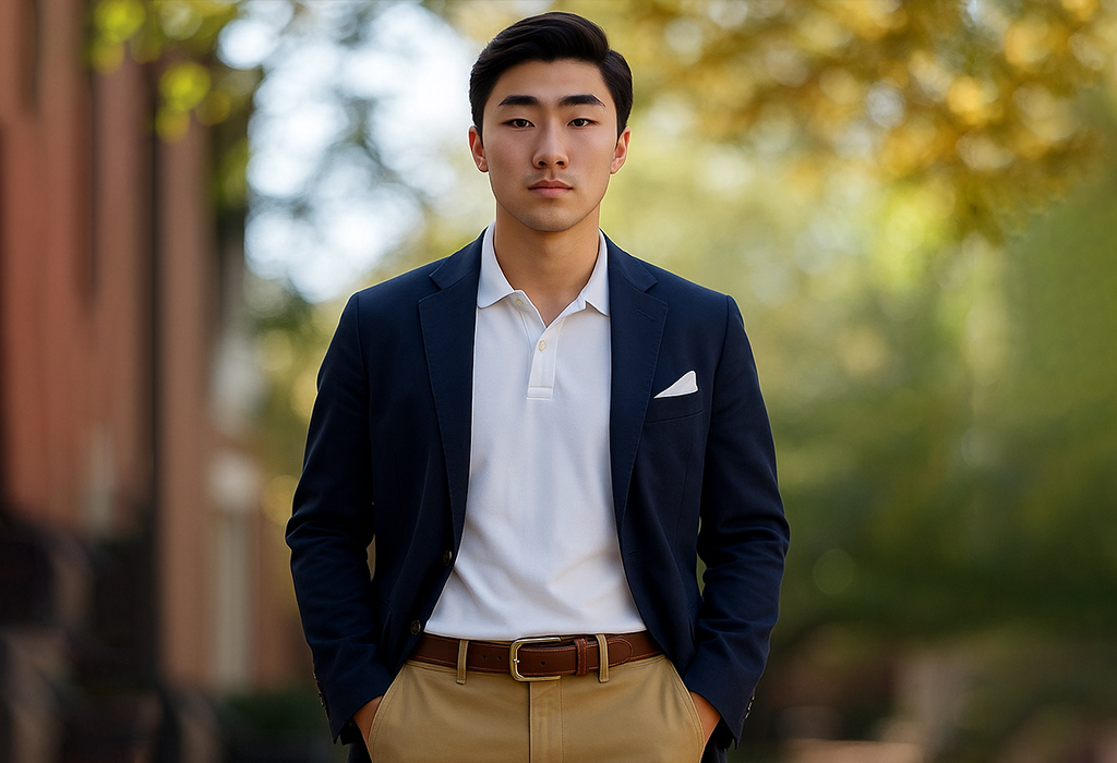 guy wearing unstructured navy blazer with polo underneath