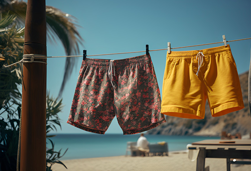 swim trunks on cord drying