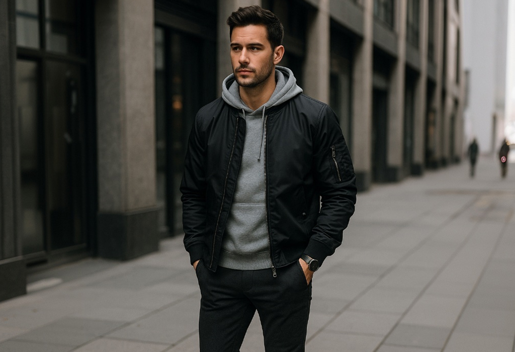 Stylish man wearing black bomber jacket over gray hoodie in modern city streetwear outfit